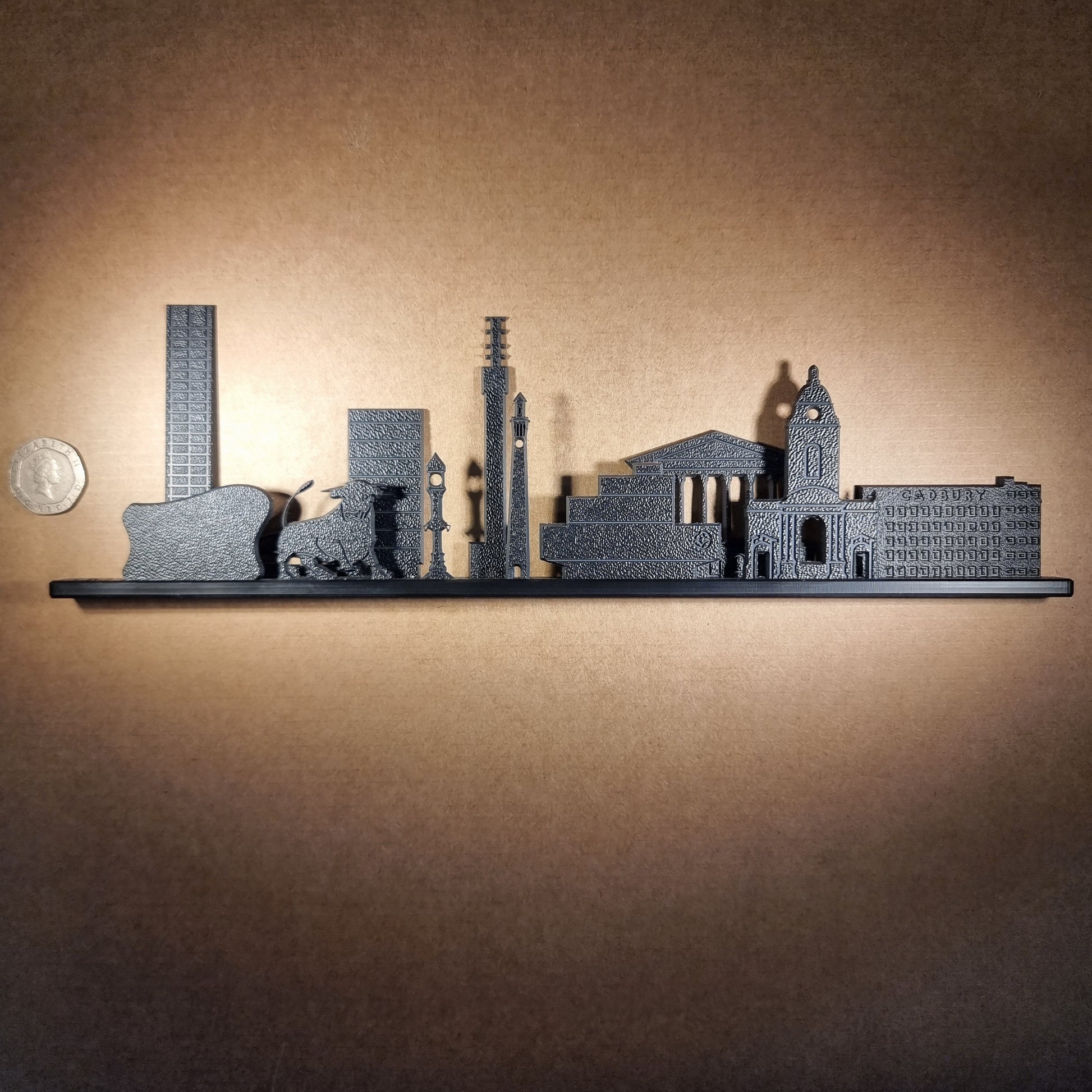 Birmingham skyline ornament made from recycled plastic displaying scale of product