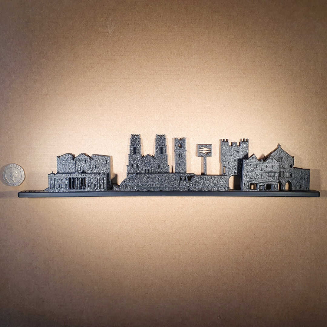 York skyline ornament made from recycled plastic pictured to display the products scale